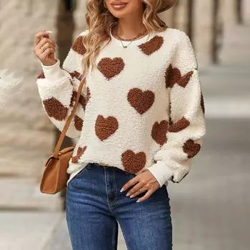 Толстовка с принтом Plush Love, женская, с длинными рукавами и круглым вырезом, свободный повседневный пуловер, теплая мягкая ткань, осень и зима S чёрный