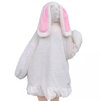 Толстовка с пушистыми кроличьими ушками, костюм кролика для косплея для взрослых, кроличьи уши на Хэллоуин [RONGUI] для женщин (XL, Белый) белый