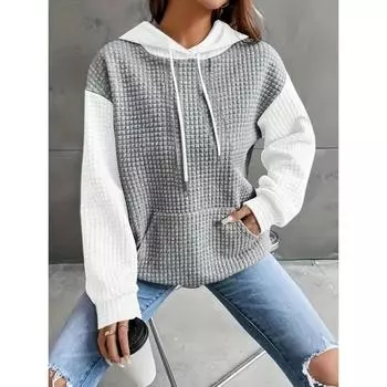 Толстовка с вафельным шнурком и цветными блоками, повседневная толстовка с карманами и длинными рукавами, женская одежда S красный