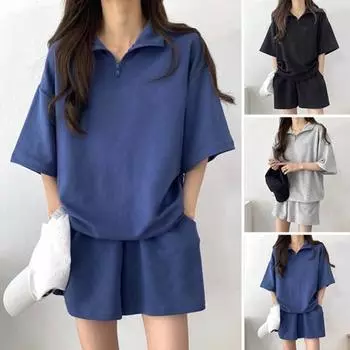 Толстовка, шорты, комплект, свободный однотонный лацкан, половина рукава, карманы, эластичная талия, воротник на молнии XL синий