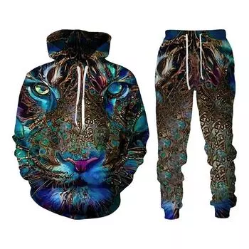 Толстовка со штанами и принтом тигра, мужской осенне-зимний повседневный свитер, пуловер, мужской спортивный костюм, комплект, модная мужская одежда, костюм XS
