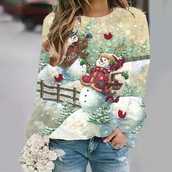 Толстовка со снеговиком, мягкая и удобная, с длинным рукавом и круглым вырезом, для повседневной носки — идеально подходит для женщин и девочек. S