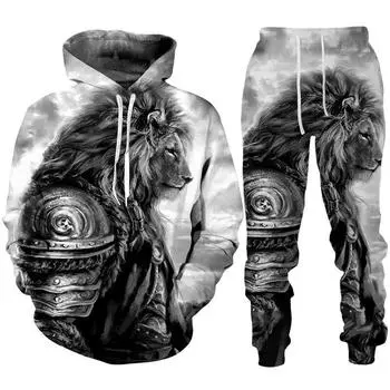 Толстовка/спортивный костюм с 3D принтом льва, мужские крутые толстовки с капюшоном + брюки, спортивный костюм в стиле хип-хоп, мужской уличный комплект одежды M