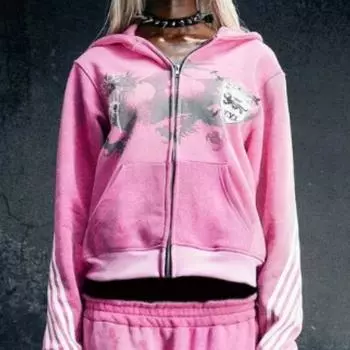 Толстовка свободного кроя для мужчин и женщин в европейском и американском ретро-стиле с принтом в виде трех полосок и молнией Y2K street S чёрный