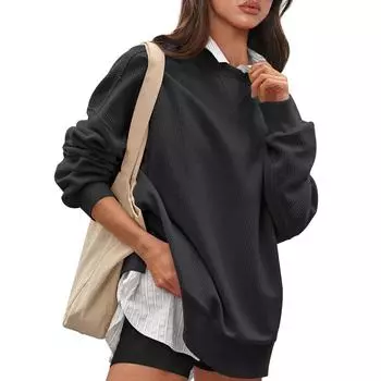 Толстовка свободного кроя с круглым вырезом для женщин, ребристый вельвет с длинным рукавом, повседневная рубашка для выхода, свободный крой, осенний пуловер, топ M чёрный