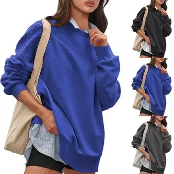 Толстовка свободного кроя с круглым вырезом для женщин, ребристый вельвет с длинным рукавом, повседневная рубашка для выхода, свободный крой, осенний пуловер, топ S синий