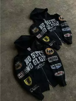 Толстовка свободного покроя с капюшоном Harajuku Letter Print для мужчин, американская ретро-готическая уличная толстовка с капюшоном на молнии, повседневная свободная толстовка S