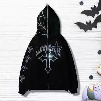 Толстовка унисекс на Хэллоуин со стразами и застежкой-молнией с карманами с капюшоном и длинными рукавами, вечерние карнавальный костюм, зимняя куртка M чёрный