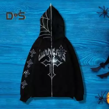 Толстовка унисекс на Хэллоуин со стразами и застежкой-молнией с карманами с капюшоном и длинными рукавами, карнавальный костюм для вечеринки, осенне-зимняя куртка M чёрный