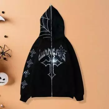 Толстовка унисекс на Хэллоуин со стразами, молния, карманы с капюшоном, вечерние, с длинными рукавами, карнавальный костюм, осенне-зимняя куртка L чёрный