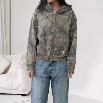 Толстовка унисекс на осень и зиму в стиле хип-хоп, винтажная, с длинными рукавами и принтом на молнии, толстая теплая с капюшоном S хаки