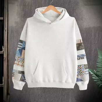 Толстовка унисекс Yousheng с большим карманом, принтом в стиле ретро, длинными рукавами, свободным капюшоном, однотонными эластичными манжетами, уличный топ в стиле хип-хоп M светло-серый