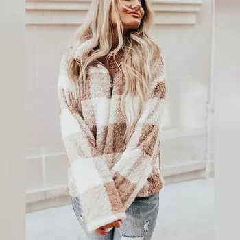 Толстовка в клетку с принтом, женский повседневный топ на молнии с длинными рукавами S хаки