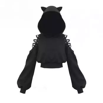 Толстовка в стиле Харадзюку, женская толстовка в стиле панк, готики, осень-зима, открытые толстовки на шнуровке с длинными рукавами, милые толстовки с кошачьими ушками S чёрный