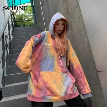 Толстовка в стиле Харадзюку, женские толстовки в готическом стиле, топ в японском стиле, свитер с принтом тай-дай, женская свободная блузка в стиле Харадзюку с длинными рукавами M синий