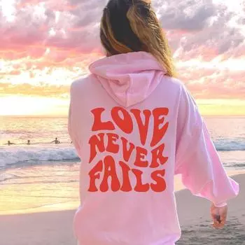 Толстовка в стиле преппи Love Never Fails Толстовка с капюшоном для колледжа Модная толстовка с капюшоном оверсайз, толстовка с капюшоном Tumblr Свитера оверсайз L чёрный