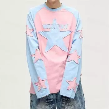 Толстовка Y2K с вышивкой звезд Harajuku и топом с длинными рукавами и контрастной нашивкой для мужчин и женщин L чёрный