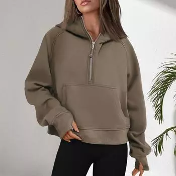 Толстовка Yousheng Fall Winter с капюшоном, карманом на молнии до половины, длинными рукавами, свободная, плотная, однотонная, эластичная манжета, повседневная одежда, повседневный спортивный топ XXL зелёный