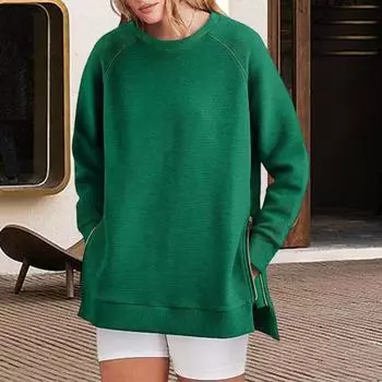 Толстовка Yousheng с боковой молнией, разрезом по низу, круглым вырезом, длинными рукавами, свободными эластичными манжетами, средней длины, весенне-осенний топ для занятий спортом, повседневной носки S