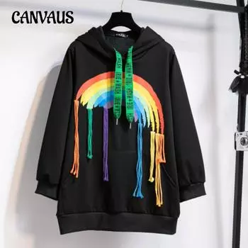 Толстовка женская большого размера с капюшоном свободного кроя на осень и зиму XL чёрный