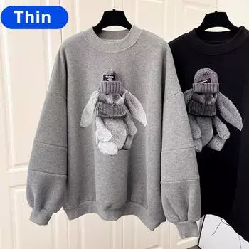 Толстовка женская мода трехмерное украшение плюс флисовый повседневный свободный топ с медведем M серый