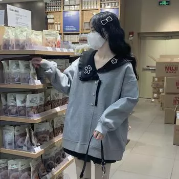 Толстовка женская осень размера плюс L-4XL с круглым вырезом, свободная толстовка с длинными рукавами, спортивные удобные топы на пуговицах с принтом L чёрный