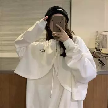 Толстовка женская осень размера плюс L-4XL с капюшоном Съемная свободная толстовка сплошной цвет с длинными рукавами спортивный удобный топ L белый