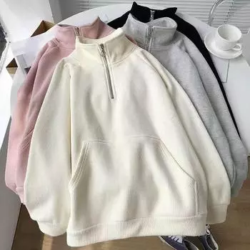 Толстовка женская осенняя, пуловер с длинными рукавами, верхняя часть, на молнии, с высоким воротом, однотонная толстовка M серый