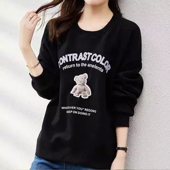 Толстовка женская осенняя пуловер Свободные топы с круглым вырезом и принтом медведя Универсальная повседневная тонкая толстовка M чёрный