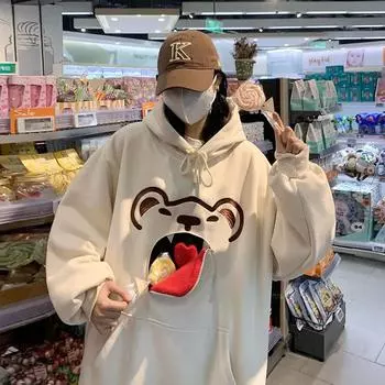 Толстовка женская оверсайз с капюшоном на осень и зиму с утолщенным верхом с милым медвежонком, теплая удобная куртка L белый