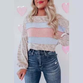 Толстовка женская повседневная с контрастным топом и леопардовым принтом, круглый вырез, пуловер с длинными рукавами S