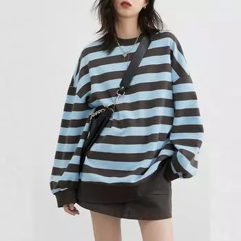 Толстовка женская повседневная с круглым вырезом в полоску, футболка с длинными рукавами, тонкий топ S синий