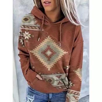 Толстовка женская с капюшоном с этническим принтом, модная толстовка с длинным рукавом, повседневная уличная толстовка с капюшоном для женщин S