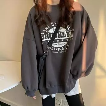 Толстовка женская свободная большого размера модная студенческая повседневная футболка с длинными рукавами пуловер
