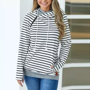 Толстовка женская свободная в полоску с капюшоном и длинными рукавами, большой размер