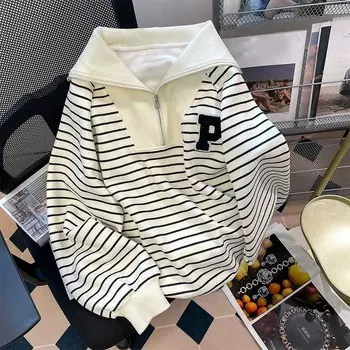 Толстовка женская винтажная повседневная рубашка поло на молнии с половиной молнии в стиле ретро свободная полосатая верхняя куртка M белый