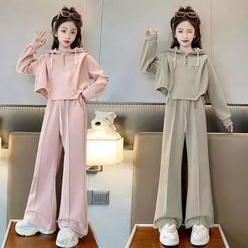 Толстовки для девочек + брюки, детские костюмы из 2 предметов, классический хлопок, весна-осень, хлопковый спортивный костюм, подростковая детская одежда 170 зелёный