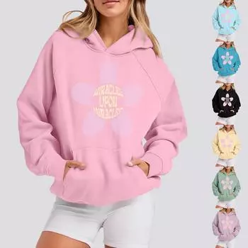Толстовки для девочек-подростков с длинным рукавом и принтом букв, повседневные графические толстовки с капюшоном, пуловер с завязками, симпатичная толстовка большого размера L чёрный