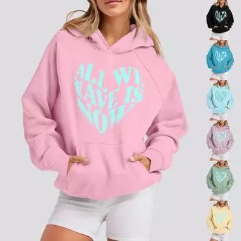 Толстовки для девочек-подростков с длинным рукавом и принтом букв, повседневные графические толстовки с капюшоном, пуловер с завязками, симпатичная толстовка большого размера L чёрный