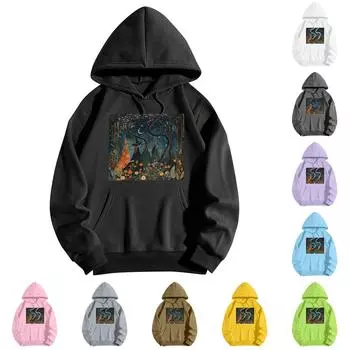 Толстовки для девочек-подростков с длинным рукавом и принтом, повседневные толстовки с графическим принтом, пуловер на шнурке, симпатичная толстовка большого размера L чёрный