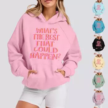 Толстовки для девочек-подростков с длинным рукавом и принтом букв, повседневные графические толстовки с капюшоном, пуловер с завязками, симпатичная толстовка большого размера L чёрный