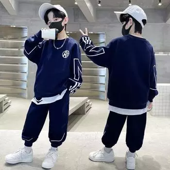 Толстовки для мальчиков + брюки, детские костюмы, комплект из 2 предметов, хлопок, весна-осень, хлопковый спортивный костюм для подростков, рождественский подарок для детей 170 темно-синий
