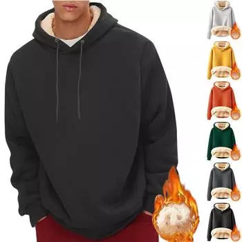 Толстовки для мужчин с длинным рукавом флис повседневный пушистый свитер с капюшоном теплый зимний L чёрный