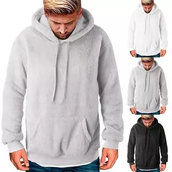 Толстовки для мужчин с длинным рукавом из флиса, повседневные, пушистые, с круглым вырезом, теплые, зимние M чёрный