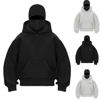 Толстовки для мужчин с длинным рукавом, повседневный свитер с капюшоном, теплый с балаклавой, свободная толстовка M чёрный