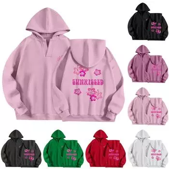 Толстовки для женщин, осенняя мода, повседневное искусство, цветы, буквенный рисунок, топы с v-образным вырезом, свободные блузки с длинными рукавами L зелёный