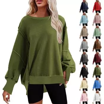 Толстовки для женщин, оверсайз, с длинными рукавами, с заниженными плечами, повседневные пуловеры с круглым вырезом и раздельным краем, кофты, топы L верблюд