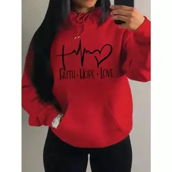Толстовки Faith Hope Love Letter Graphic Женская толстовка с капюшоном Street Casual Loose Sweatshirt Осенняя одежда с капюшоном и круглым вырезом Женские толстовки и свитшоты Женские S