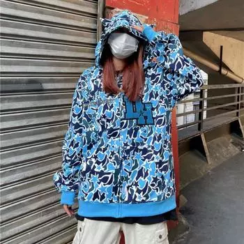 Толстовки Harajuku с вышивкой «Демон», камуфляжная толстовка большого размера, готическая толстовка на молнии, Y2k, одежда для пар, уличная женская одежда M синий