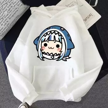 Толстовки Hololive на английском языке VTuber Gawr Gura Merch Causal Japanese Streetwear для мужчин с длинным рукавом, толстовка с капюшоном, повседневная толстовка Y2K XS белый